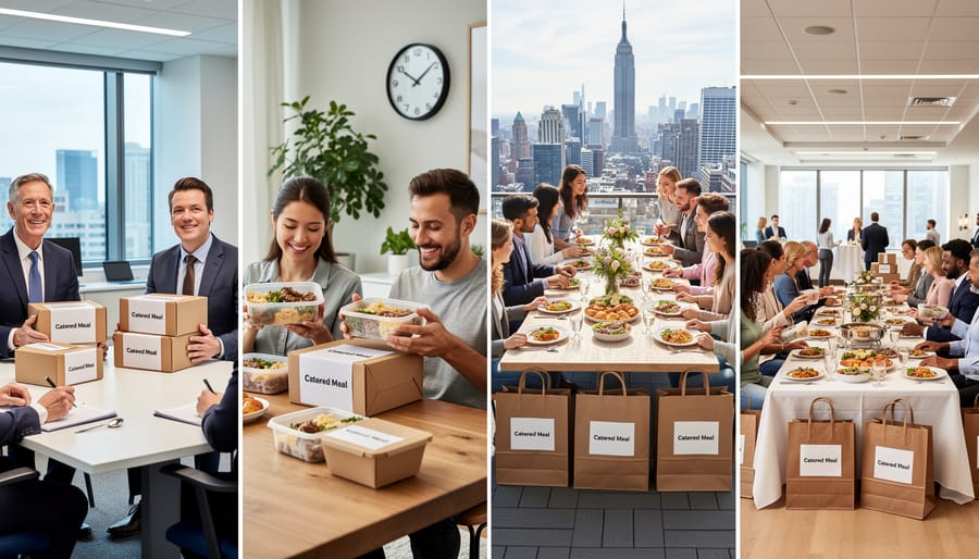 Multiple catering delivery boxes arranged on residential doorstep for virtual event
