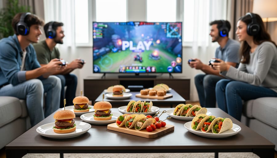 Close-up of elegant finger foods being enjoyed during virtual event with computer in background