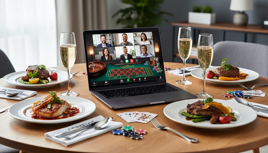 Overhead view of elegant catered appetizers arranged near laptop for virtual event
