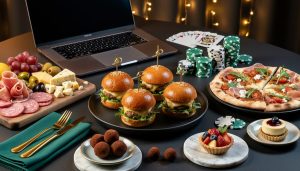 Gourmet sliders, charcuterie, mini flatbreads, and desserts arranged next to a laptop with softly blurred poker chips and card backs, lit by warm side lighting to evoke an upscale virtual casino atmosphere.