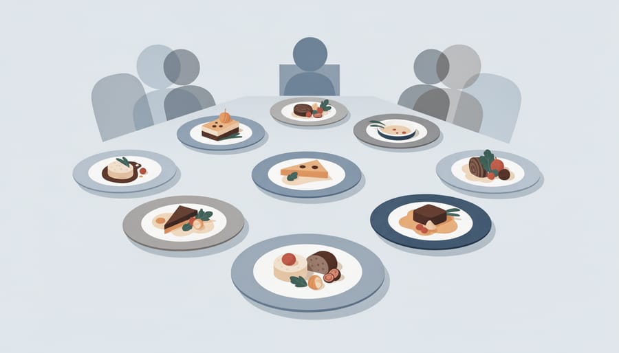 Overhead view of a curated private dining menu featuring chipotle roast beef, crustless quiche, and vegetable sides