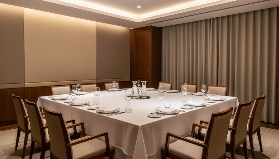A private executive dining room table set for a business meeting with place settings and a discreet catering serving tray