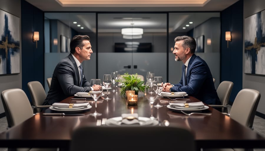 Executives seated at a polished private dining table in a quiet, tailored room, discussing a business deal in an intimate setting.