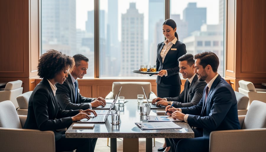 Business professionals enjoying a catered meal in a private executive dining room