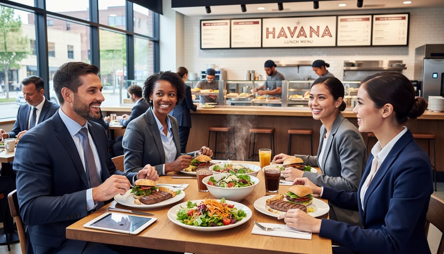 Busy professionals enjoying a restaurant lunch spread with dishes served on the table