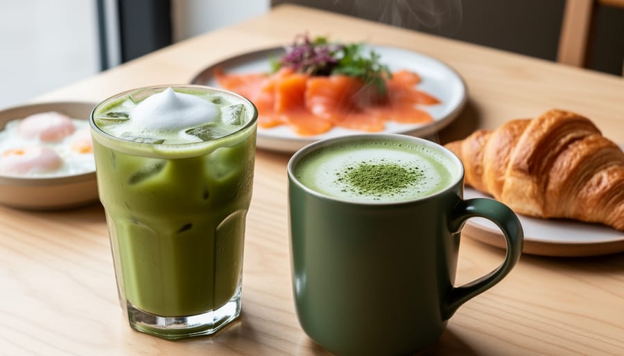 Two matcha drinks on a Canadian brunch table—an iced matcha latte with cold foam and a steaming matcha latte in a ceramic mug.