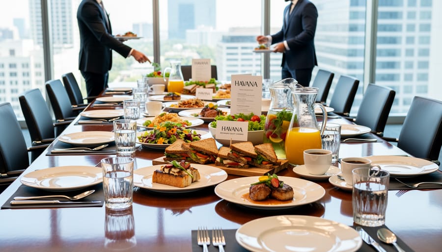 Catering buffet trays and beverages arranged in a modern boardroom for a corporate event