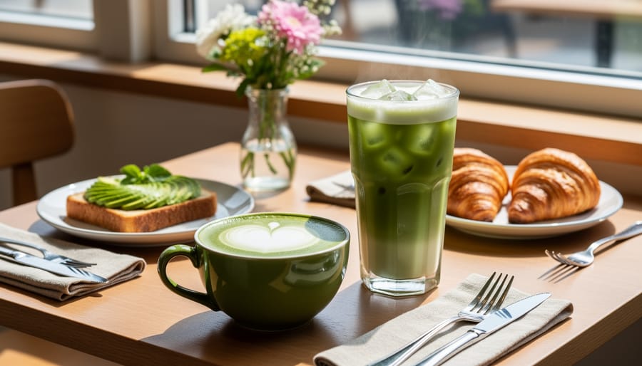 Classic matcha latte in a tall glass and ceramic cup on a brunch table