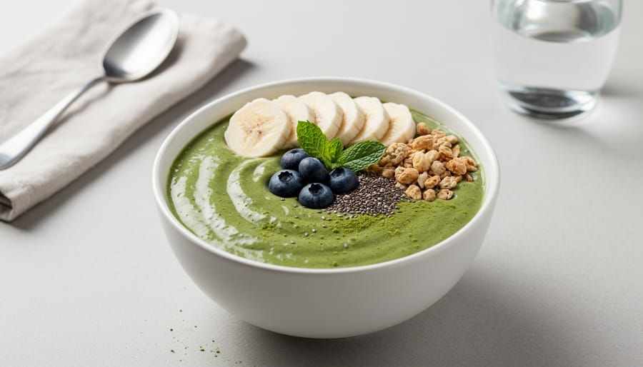 Drinkable matcha smoothie bowl beverage topped with banana and matcha dust
