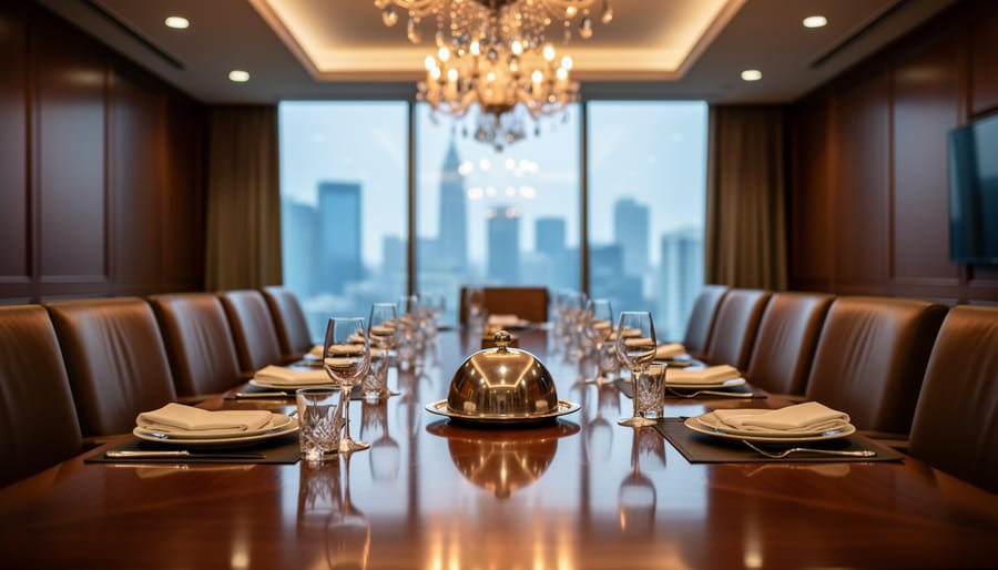 Executive dining room with an elegantly set table and private seating arrangement for business client meals.