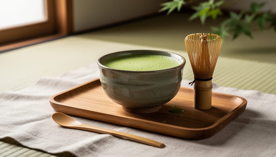 Hands whisking ceremonial matcha in a ceramic bowl with a bamboo whisk