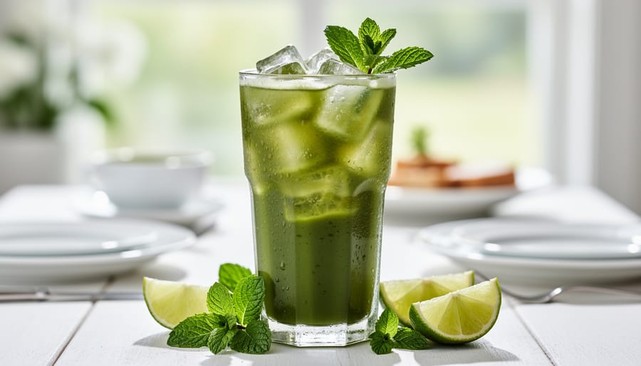 Iced matcha mint refresher with mint leaves and lime wedge in a mason jar
