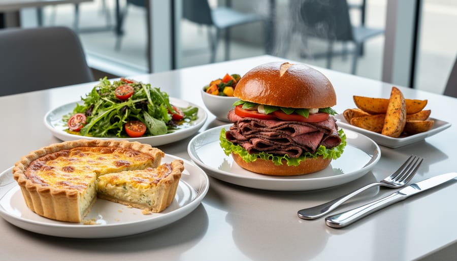 Lunch plate with chipotle roast beef, crustless quiche, and a side salad on a restaurant table