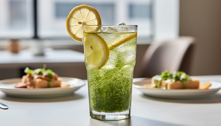 Sparkling matcha lemonade in a clear glass with rising bubbles and lemon garnish