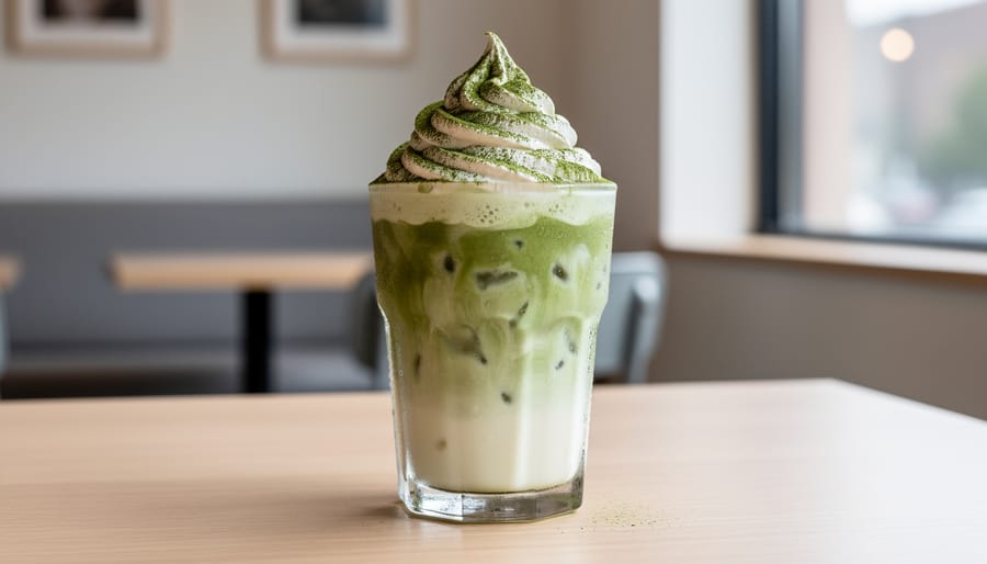 Vanilla matcha frappé in a thick glass topped with cream and matcha dusting