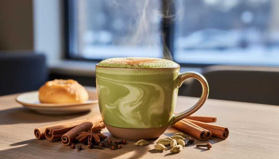 Warm matcha chai fusion latte in a ceramic cup with cinnamon and cardamom