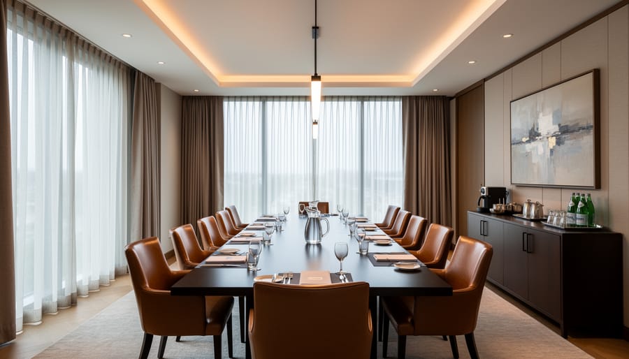 Wide view of a modern private executive dining room set for a business meeting with a long table and soft lighting