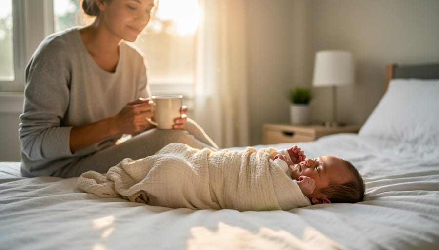 Newborn in a carrier outside in morning light as a parent starts the day