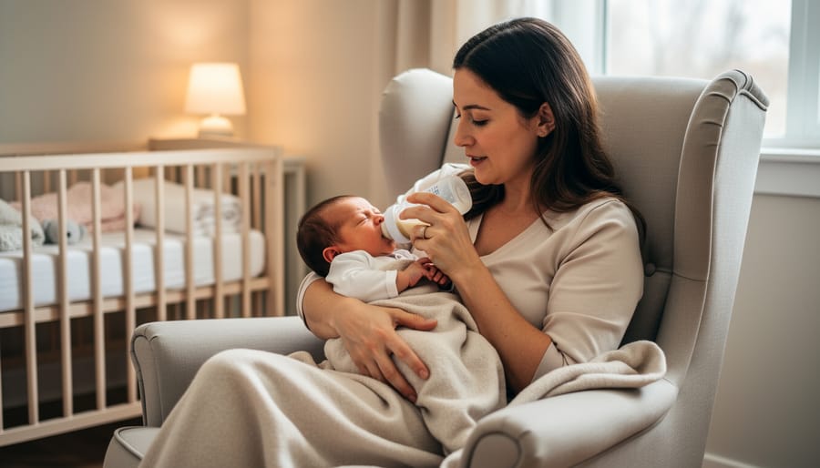 Parent holding a newborn during a quiet feeding in a softly lit bedroom