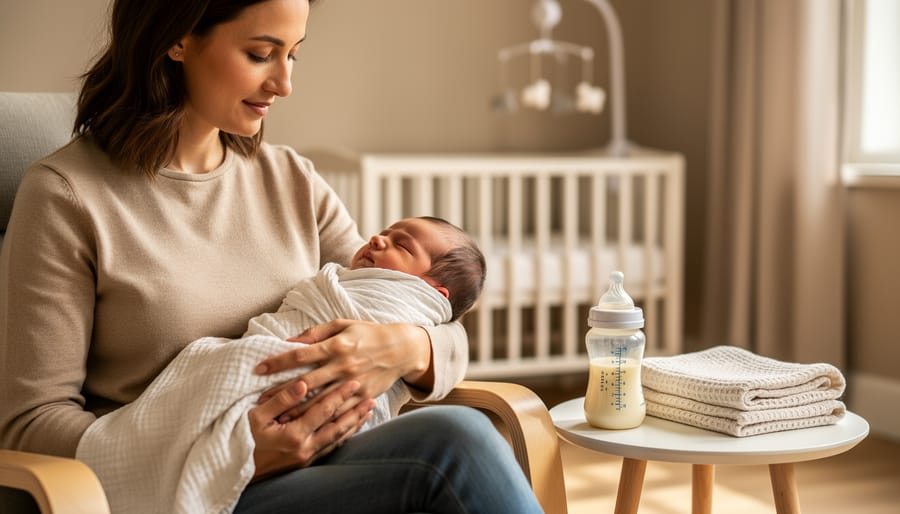 Parent holding a swaddled newborn in a softly lit nursery with a bottle and blanket on a nearby table.