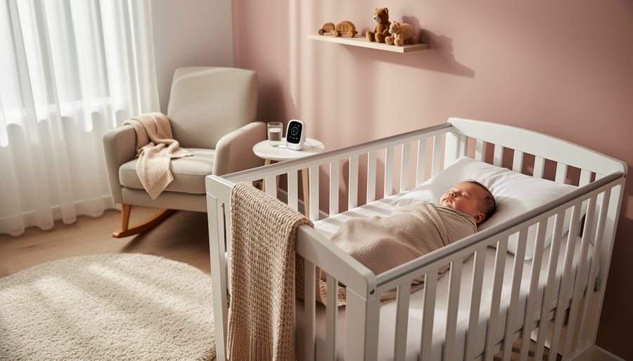 Parent’s hand soothing a sleeping newborn in a bassinet during nap time