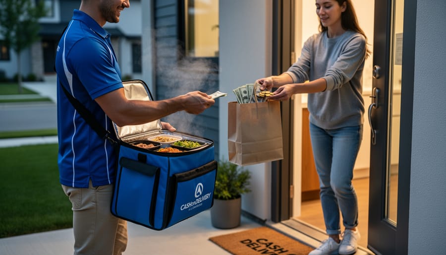 A delivery courier exchanging cash with a customer at the doorstep while holding a takeaway food bag.