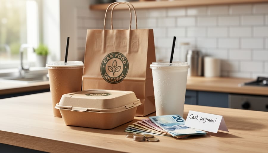 Bills and coins beside a sealed takeout bag on a table, representing cash payment for delivery orders.