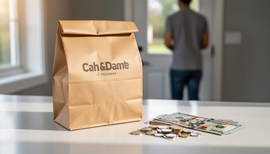 Sealed takeaway food bag with bills and coins placed next to it, illustrating cash payment at delivery.