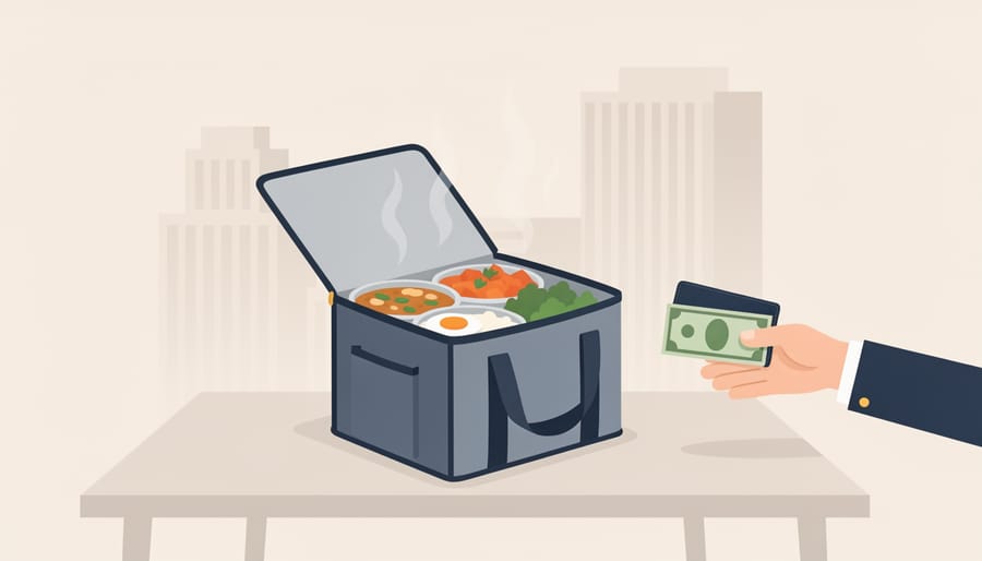An insulated delivery cooler bag containing colorful wrapped meals in an office breakroom setting.