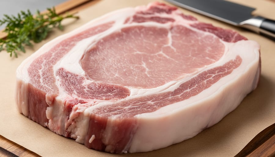 Macro close-up of a raw pork chop showing marbling on a stainless-steel tray with a chef’s gloved hand nearby