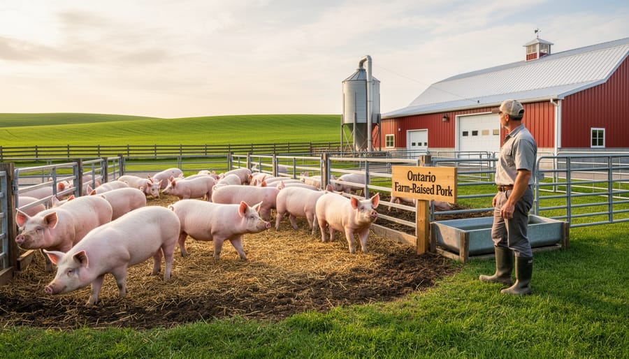 Ontario farm pigs in an outdoor pen with a barn visible in the background under an overcast sky