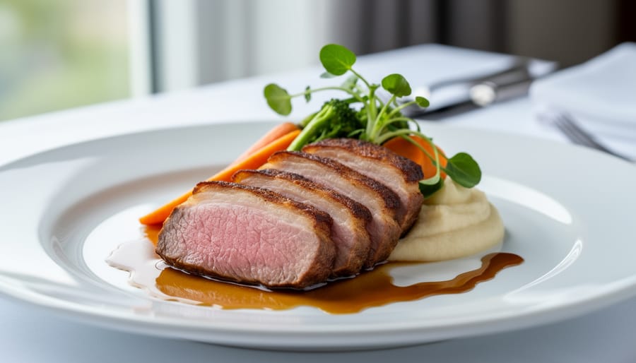 Plated grilled pork chop lunch dish with seasonal vegetables and soft bokeh restaurant background