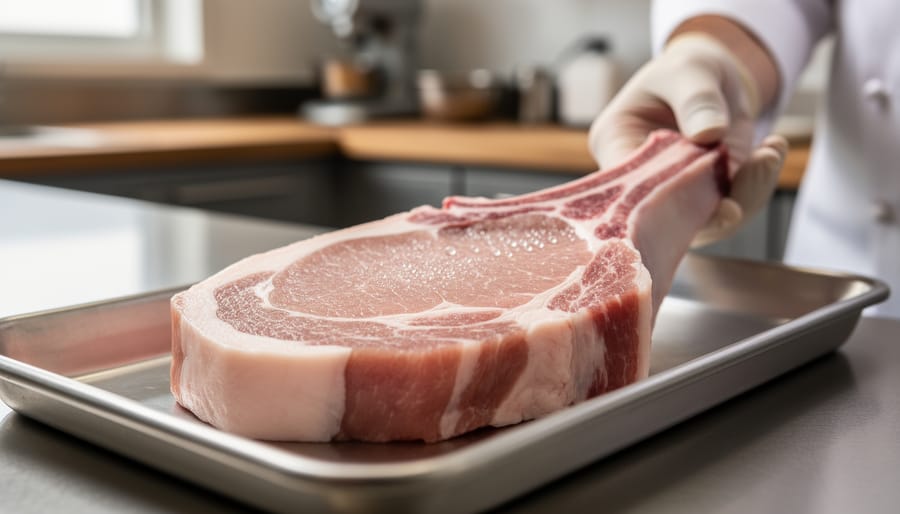 Close-up of a raw pork chop on a stainless-steel tray showing pale pink color and fine marbling, with a chef’s gloved hand nearby.