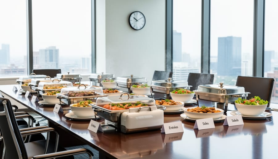 Covered catered dishes prepared for a boardroom lunch with serving trays on a conference table.
