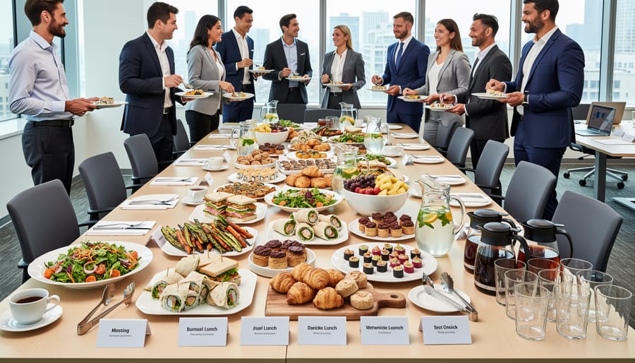 Catered business lunch plates and desserts served on a conference table