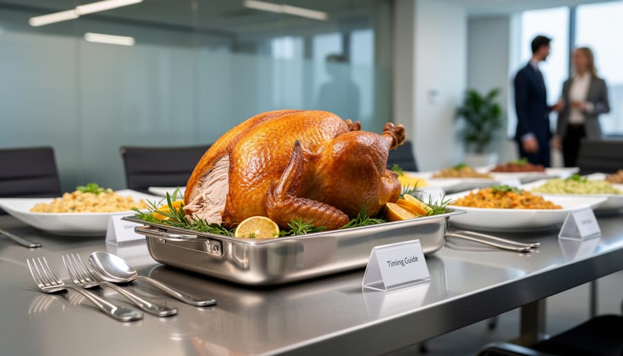 Golden-brown roasted turkey on a catering tray with serving utensils on a corporate buffet table.