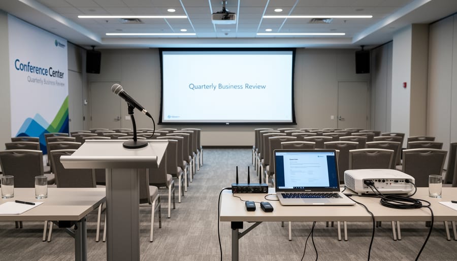 Wireless presentation clicker and connected laptop equipment in a boardroom setting