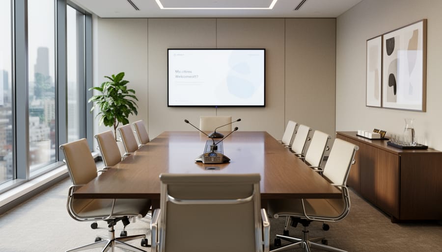 Business professionals seated in a modern boardroom with laptops and meeting supplies