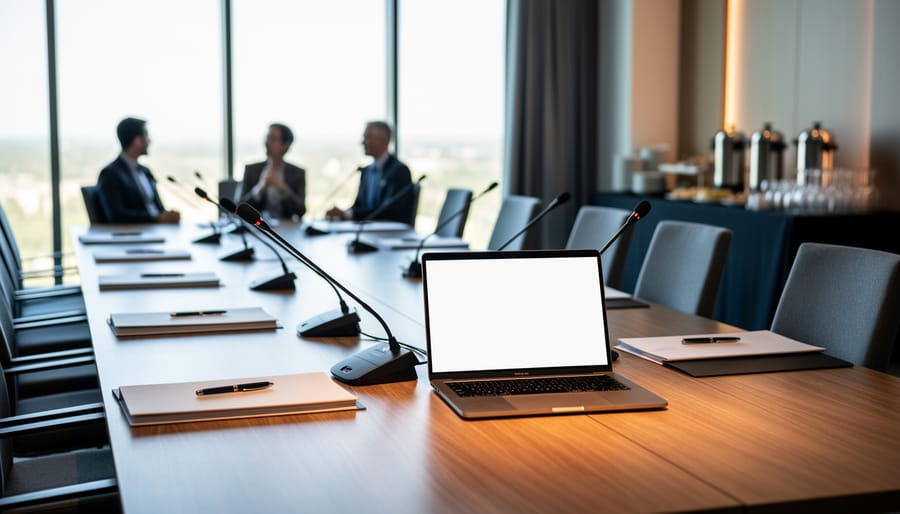 Modern hotel conference room with a prepared business meeting table, meeting microphones, and laptop, with attendees and catering setup softly visible in the background.