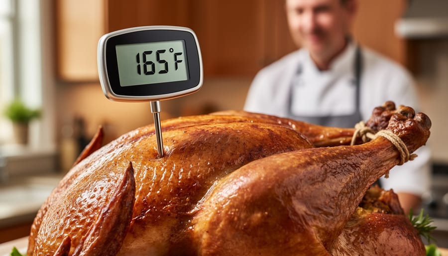 Instant-read thermometer inserted into a roasted turkey thigh for checking doneness.
