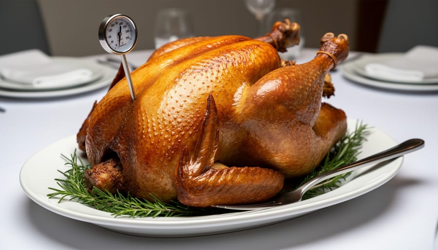 Roasted turkey on a serving platter with rosemary garnish in a catering-style setting, photographed with sharp focus and shallow depth of field.